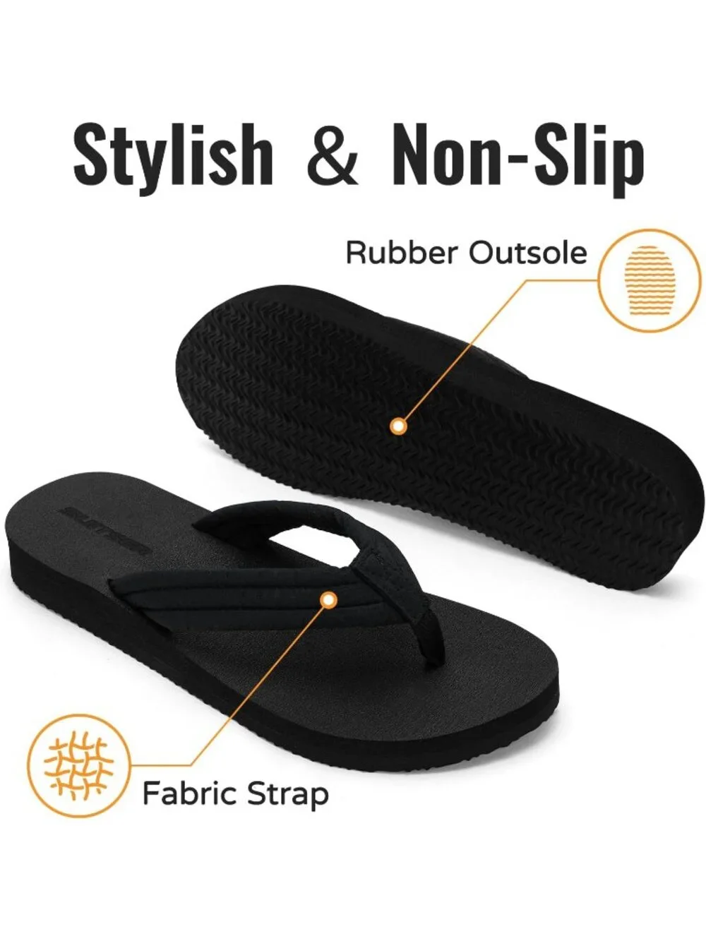 Women's All Black Summer Lightweight Soft Fabric Straps Flip Flops Beach Sandals